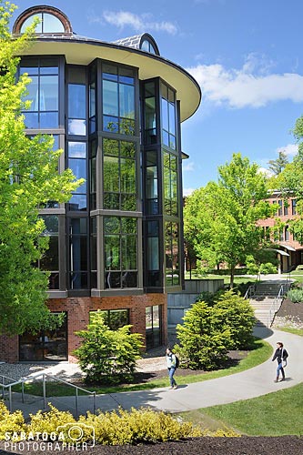 Vertical exterior of Skidmore college Scribner Library in summer